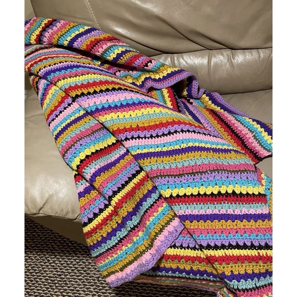 Handmade Rainbow Striped Afghan Crochet Blanket Throw Boho Grannycore 64